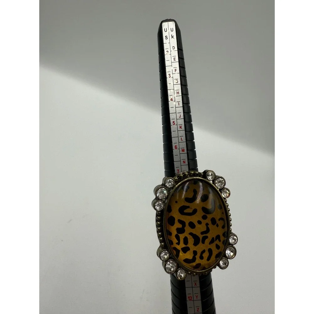 Leopard Print Statement Ring Bronze Tone Rhinestone Oval Cocktail Ring Sz 7.5